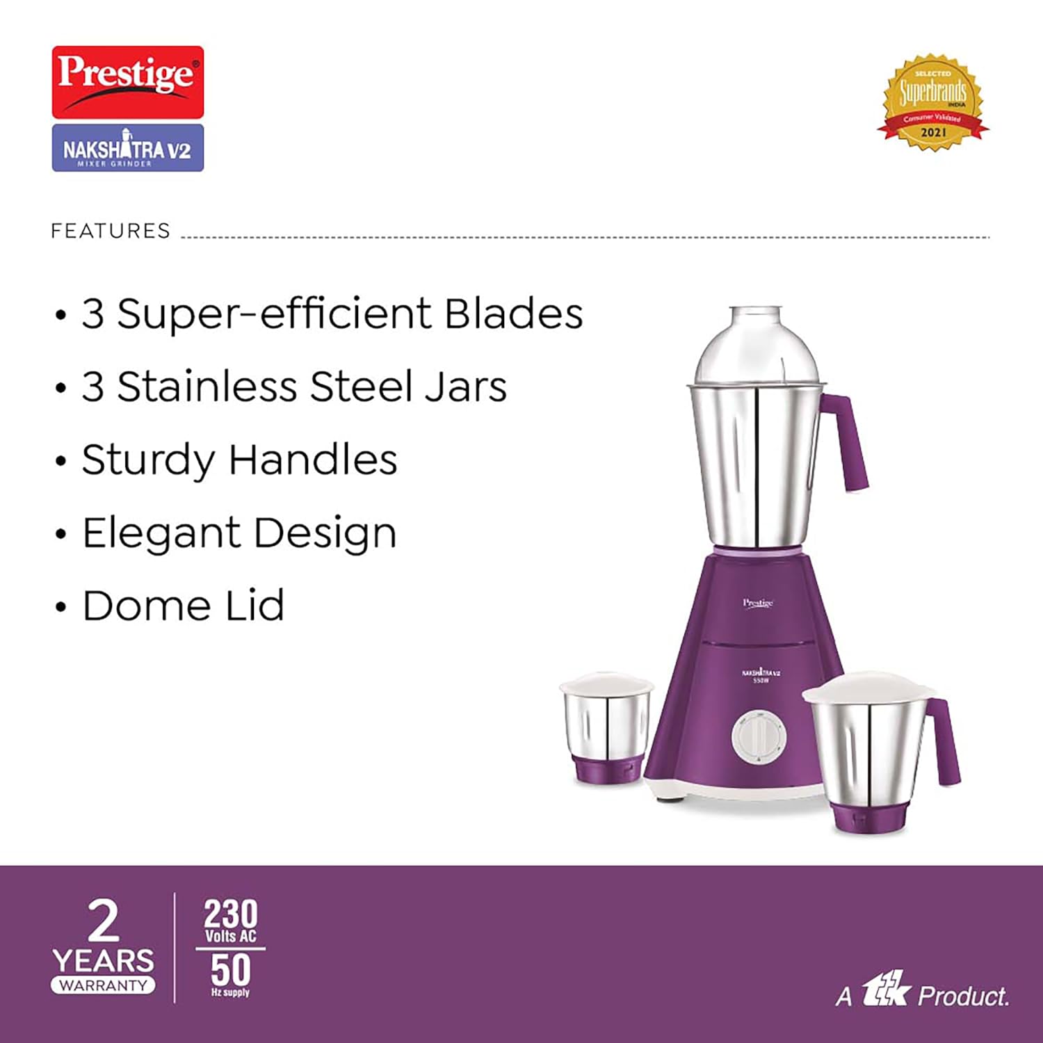 Prestige Nakshatra V2 550W Mixer Grinder with 3 Stainless Steel Jars